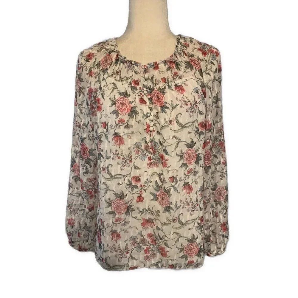 rebecca taylor White Pink Floral Silk Long Sleeve Top Blouse 4 Small